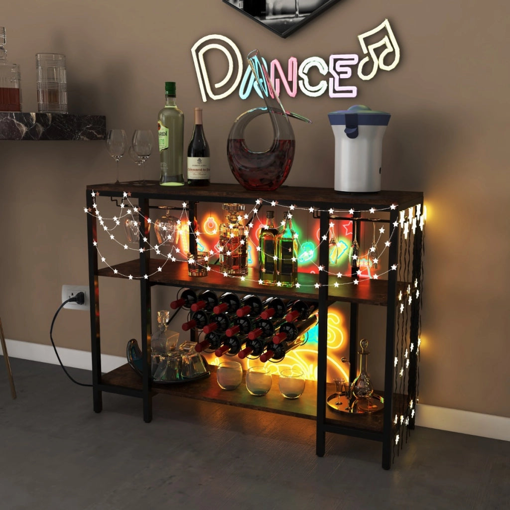 Mobile bar vino con 3 ripiani porta calici porte USB e prese struttura in metallo, Portabottiglie industriale Marrone