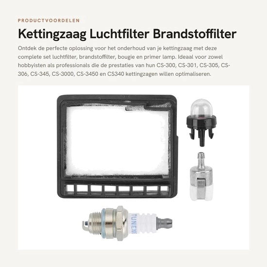Filtro dell'aria per sega a catena - Filtro del carburante - Accendino - Lampada di accensione - Adatto per CS-300/CS-301/CS-305/CS-306/CS-345/CS-3000/CS-3450 - Materiale ABS - Attrezzo da giardino