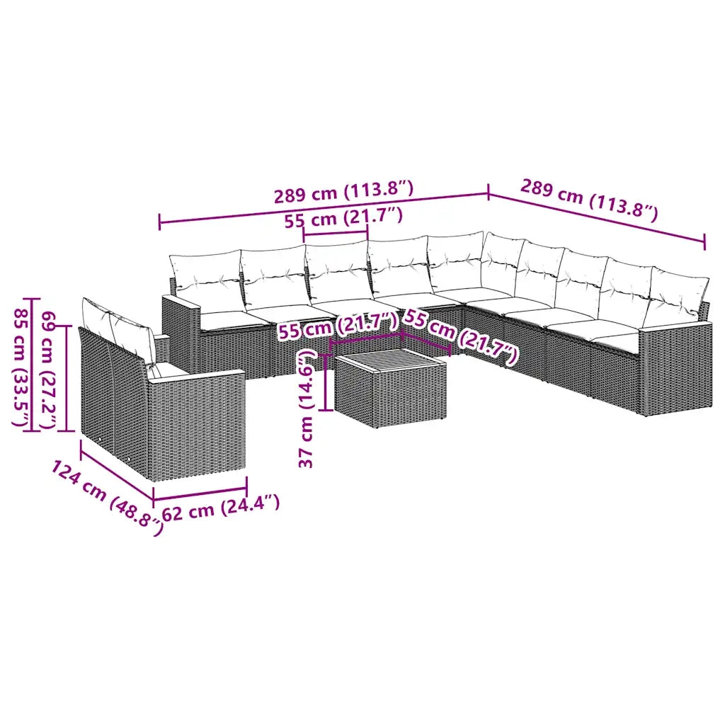 Set Divani da Giardino 12 pz con Cuscini Nero in Polyrattan 3258535
