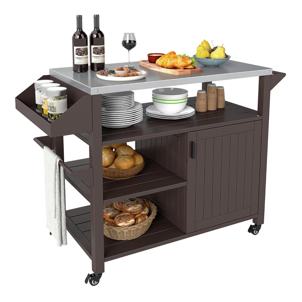 Carrello per grill da esterno con portaspezie per barbecue, Isola da cucina portatile in metallo su ruote-Accessori per barbecue