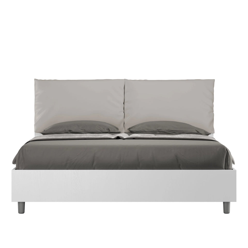BS COM Letto matrimoniale contenitore 160x190 bianco frassino cuscini similpelle tortora