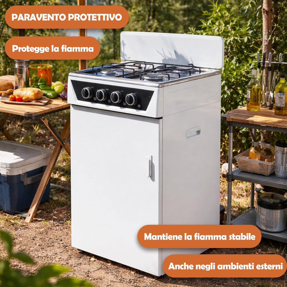 Cucina a Gas 4 Guochi da Esterni con Portabombola e Paravento Compatta Bianco