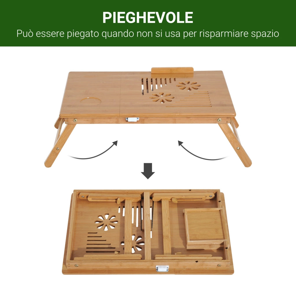 Tavolino da Letto per PC Portatile con Sistema di Raffreddamento in Bambù 55x35x22-30 cm