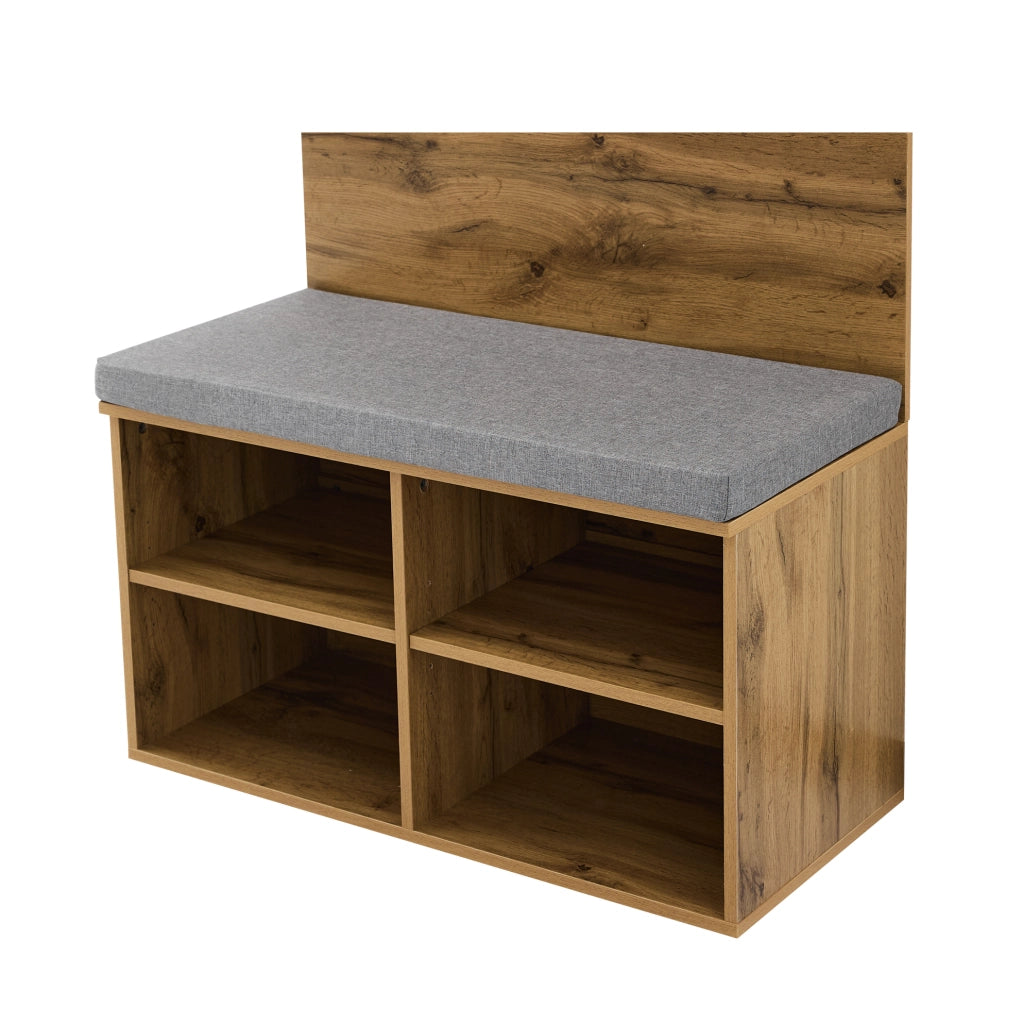 Set appendiabiti ULEVR 84x35x175 cm con panca portascarpe imbottita, ripiano regolabile e barra appendiabiti, color rovere