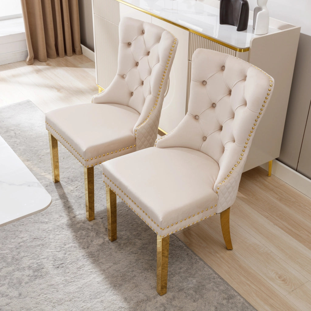 OKWISH Set di 2 Sedie da Pranzo con Anello Sullo Schienale e Borchie Decorative, Piedini Regolabili, Velluto Beige