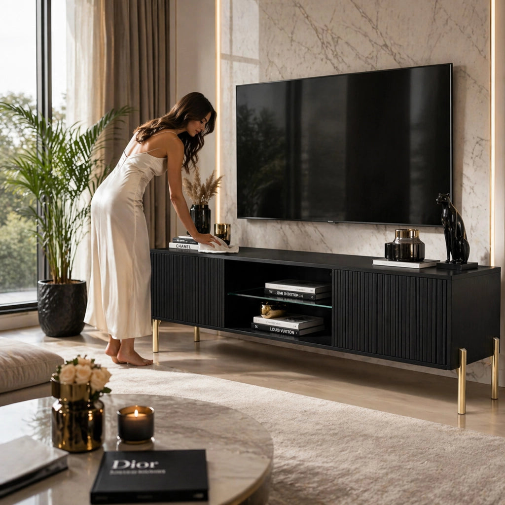 Mobile TV Per Soggiorno Living Con 2 Ante Battenti Vano Centrale A Giorno Ripiano In Vetro Passacavi Posteriori In Melaminico Design Contemporaneo 135 X 31 X 47 Cm Nero