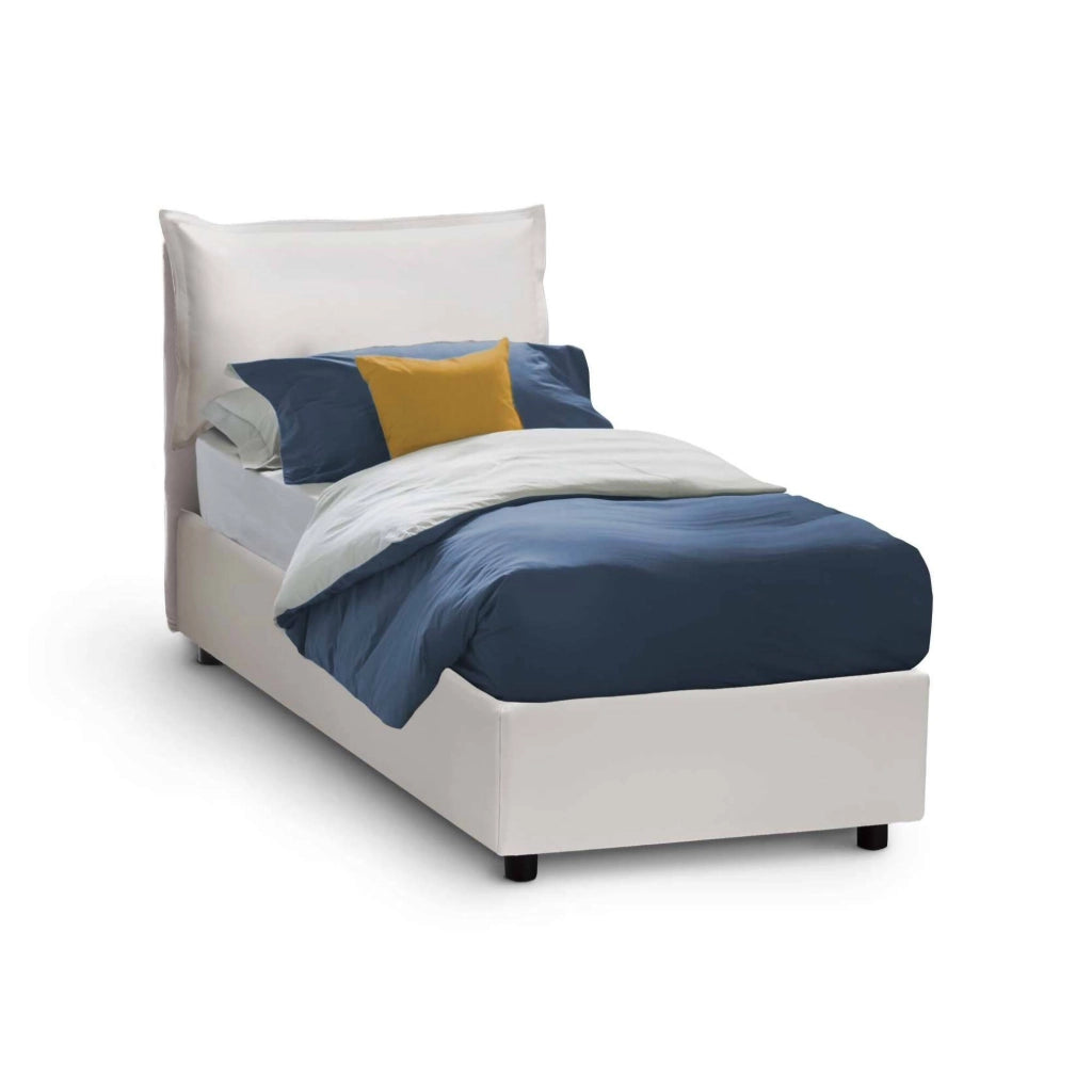 Letto singolo Janet, Letto contenitore con rivestimento in ecopelle, Made in Italy, Apertura frontale, con materasso cm 80x190 incluso, Bianco