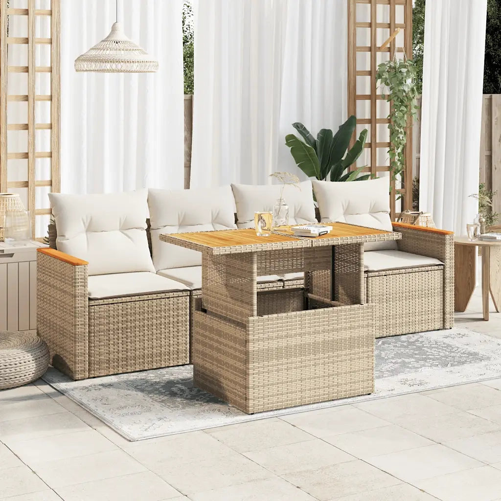 Set Divano da Giardino 5 pz con Cuscini Beige Polyrattan Acacia 3327432