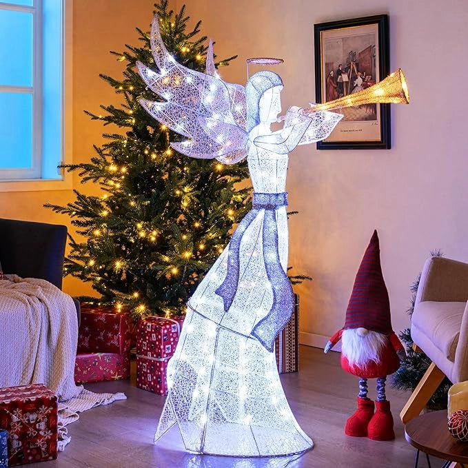 Angelo Natalizio Illuminato da Esterno 156 cm, Angelo 3D con 100 Luci Bianche Calde Pre-Illuminate, Decorazione Natalizia per Giardino, Cortile e Prato