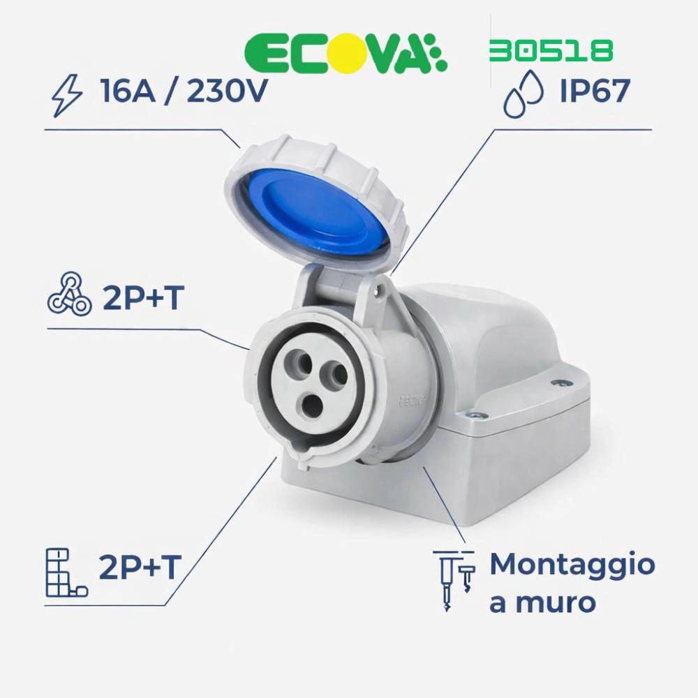 Presa industriale ecova 30518 16a 230v ip67 per installazioni professionali