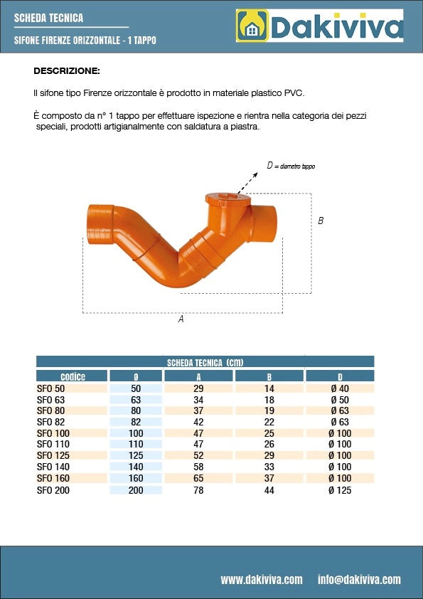 Sifone firenze orizzontale in pvc  (1 Tappo) : Diametro - 200