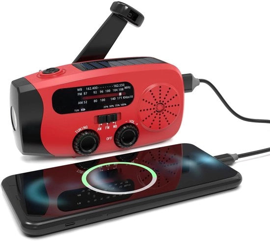 Radio di emergenza a manovella - Lampada LED - Altoparlante SOS - Caricatore per dispositivi tipo C - Resistente all'acqua IPX3 - Batteria 2000mAh - Radio di emergenza
