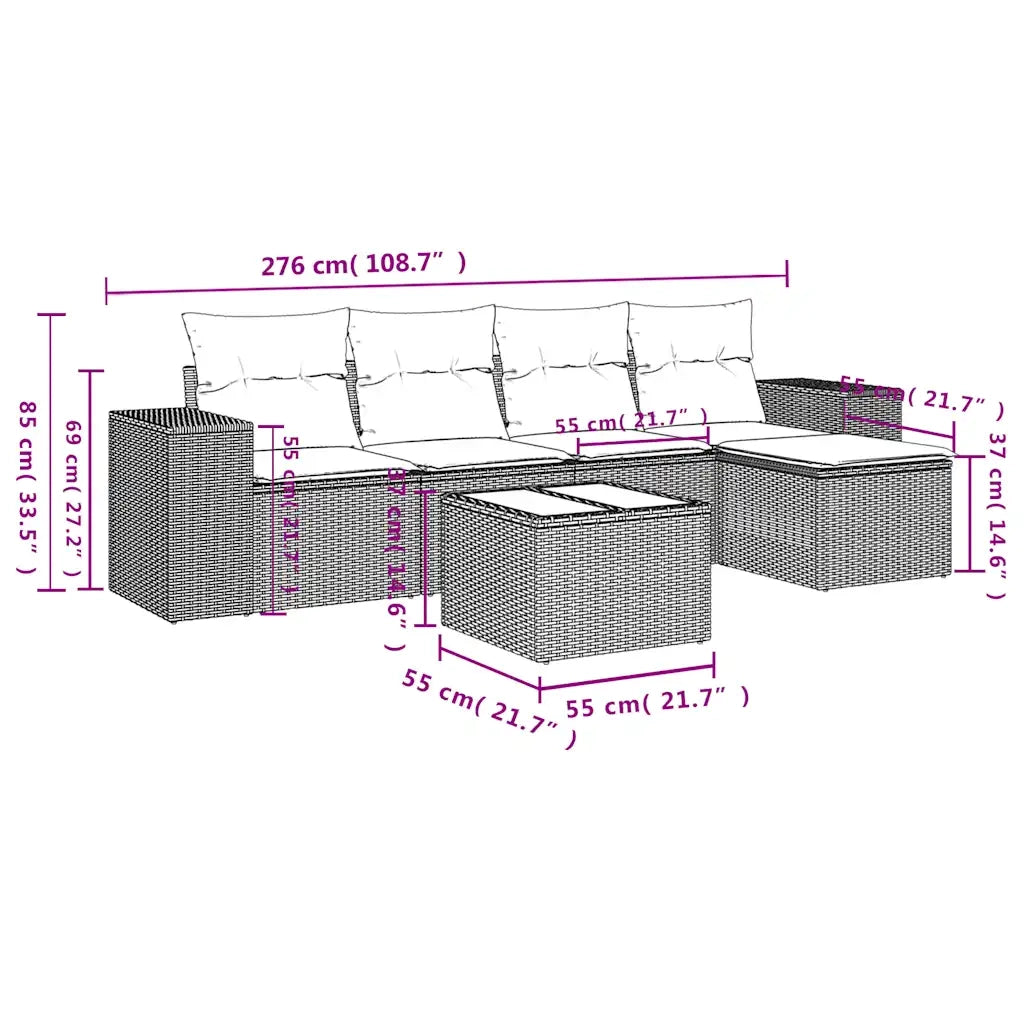 Set Divano da Giardino 6 pz con Cuscini Marrone in Polyrattan 3222502
