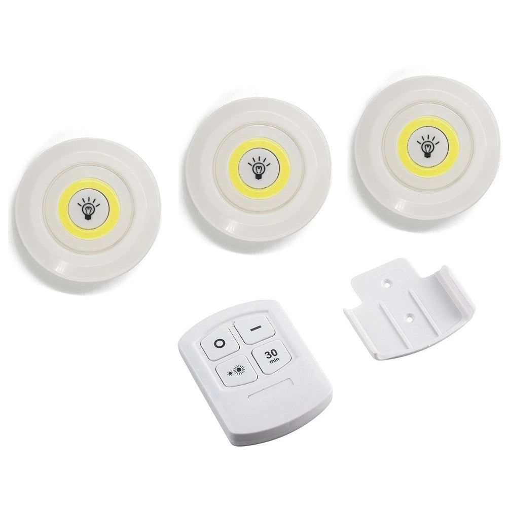 Trade Shop - Set 3 Luci Led Cob Illuminazione Con Telecomando Faretto Spot Timer -