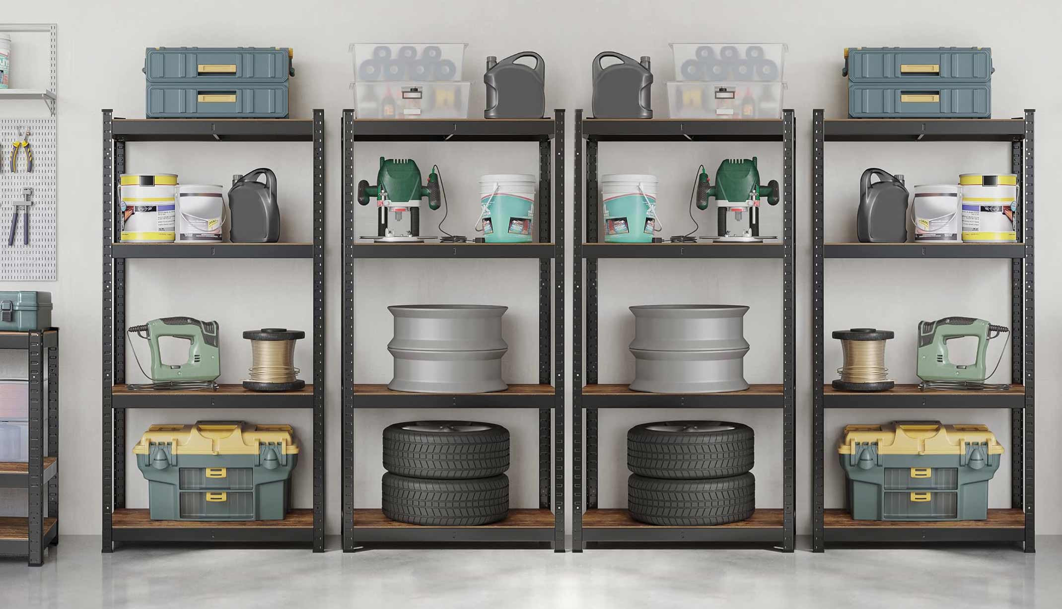 Kit 4 Scaffali stile industrial- vintage in acciaio e legno m. 75x30x150 Regolabili, per Soggiorno, Cucina, colore Marrone  e Nero