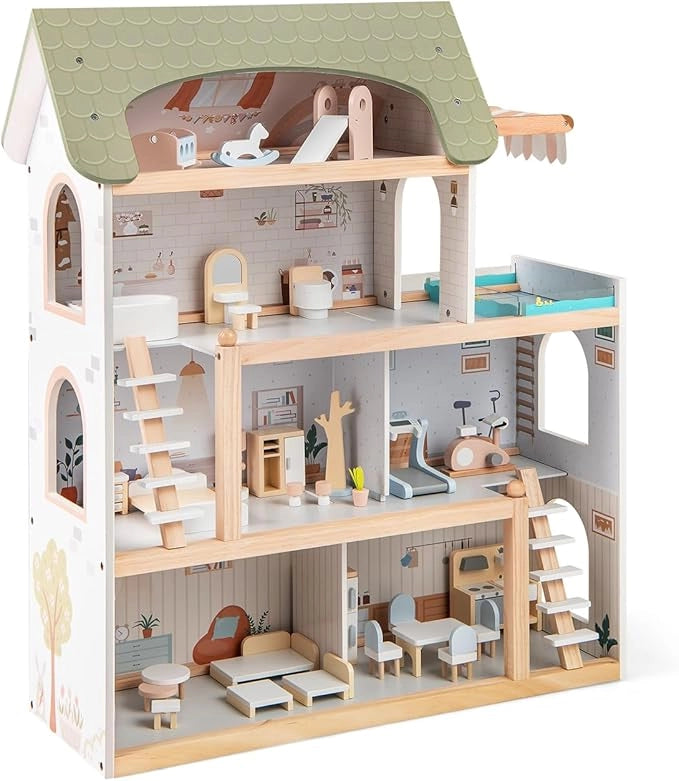 Casa delle Bambole in Legno, Casa Bambole con 4 Piani, 6 Stanze, Terrazza, Piscina e Scale, Casetta Giocattolo Educativo con 33 Mobili Accessori, per Bambini 3+ Anni, 63 x 25 x 78 cm