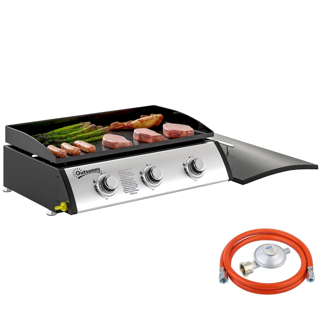 Piastra a Gas in Acciaio Smaltato con 3 Bruciatori Potenza 7.5kW, 3 Zone di Cottura e Coperchio, Nero