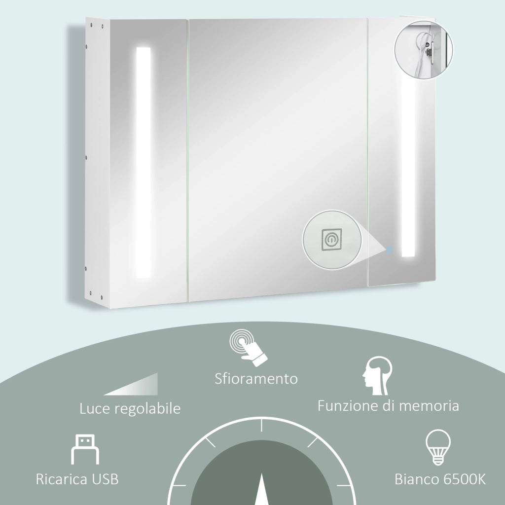 Armadietto Specchiera da Bagno con 3 Armadietti, 3 Ripiani e Luce LED, 90x15x65 cm, Bianco