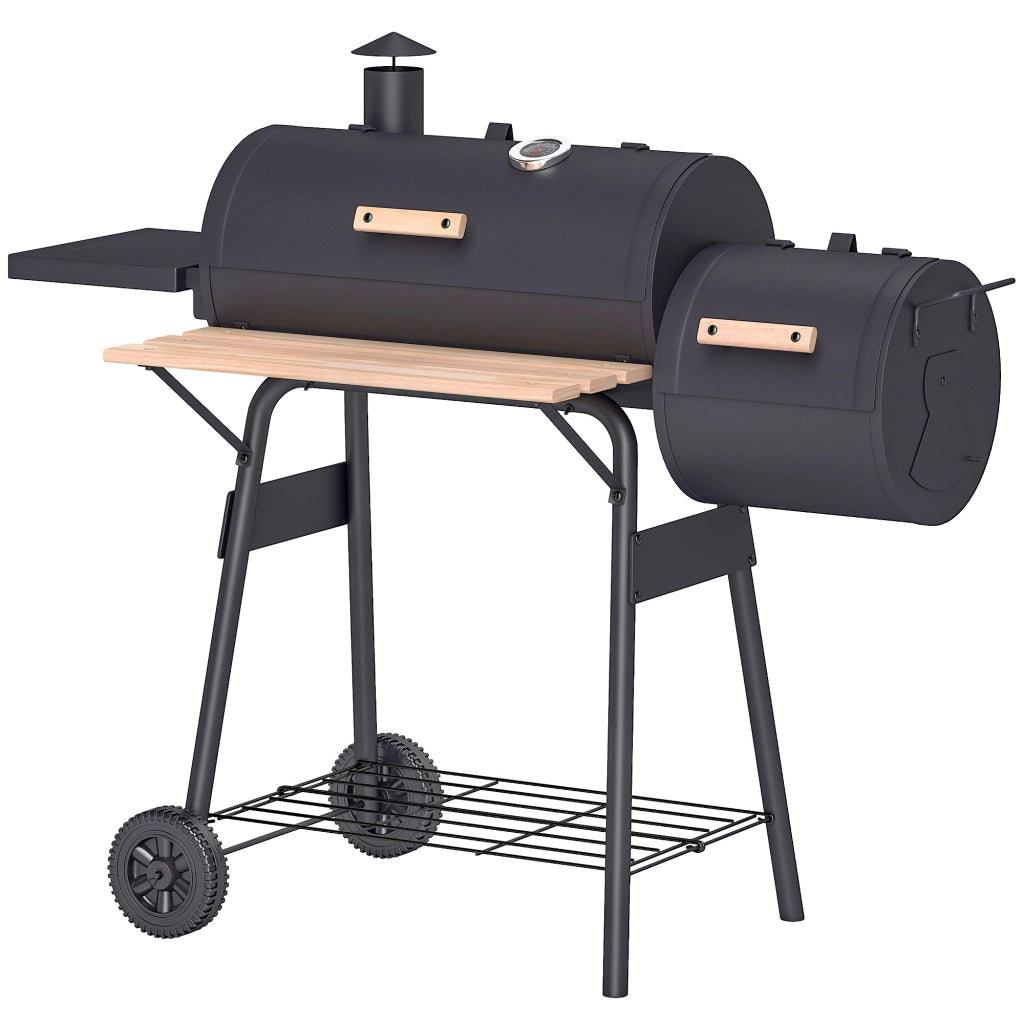 Barbecue a Carbone con Coperchio e Affumicatore. BBQ da Giardino con Ripiani e Ruote 124x53x104 cm. Nero