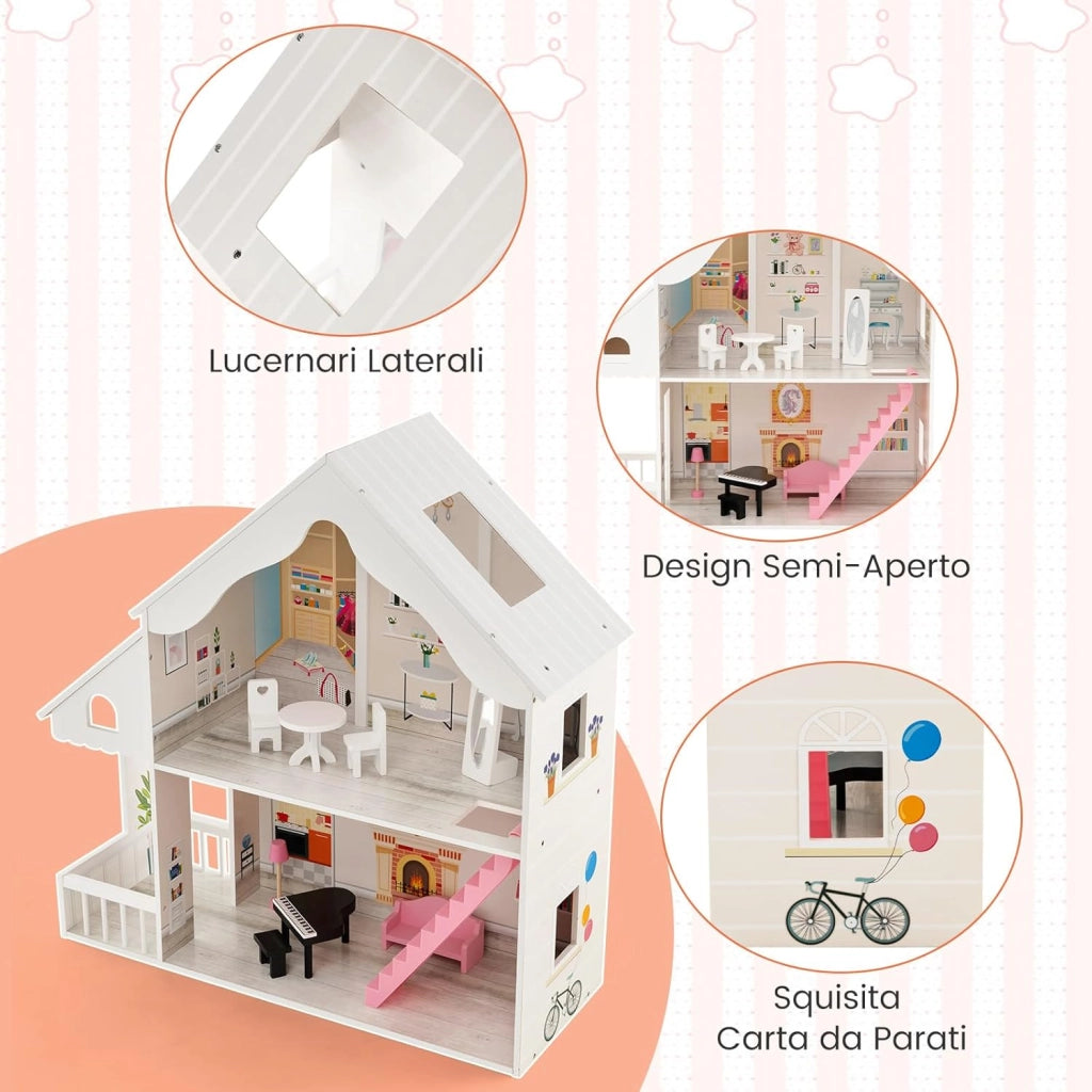 Casa delle Bambole in Legno per Bambini, Casa delle Bambole con Stanze e Set di Mobili, 2 Grandi Lucernari e Carta da Parati, per Bambini 3 Anni+, Bianco