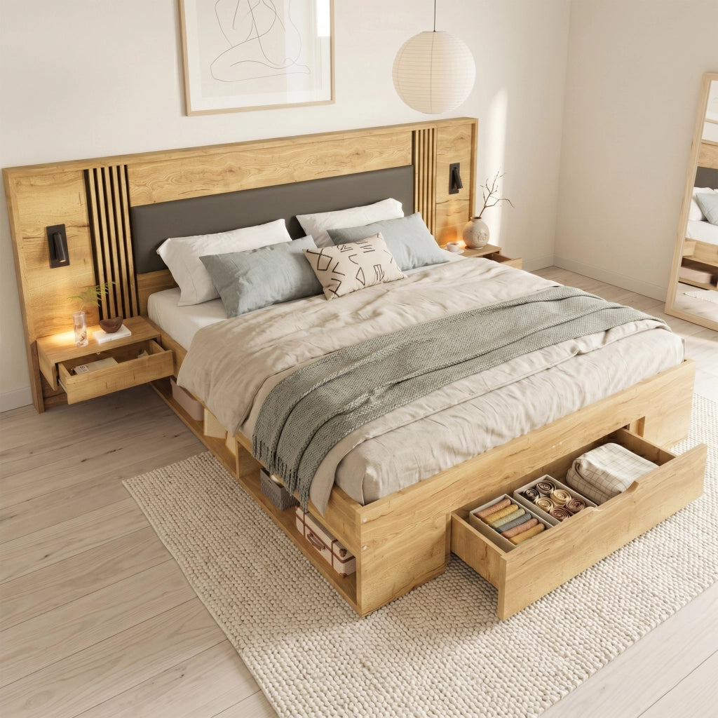 Letto matrimoniale 160 × 200 cm e 180 × 200 cm, 5 vani, 2 comodini e lampade orientabili, senza materasso, naturale