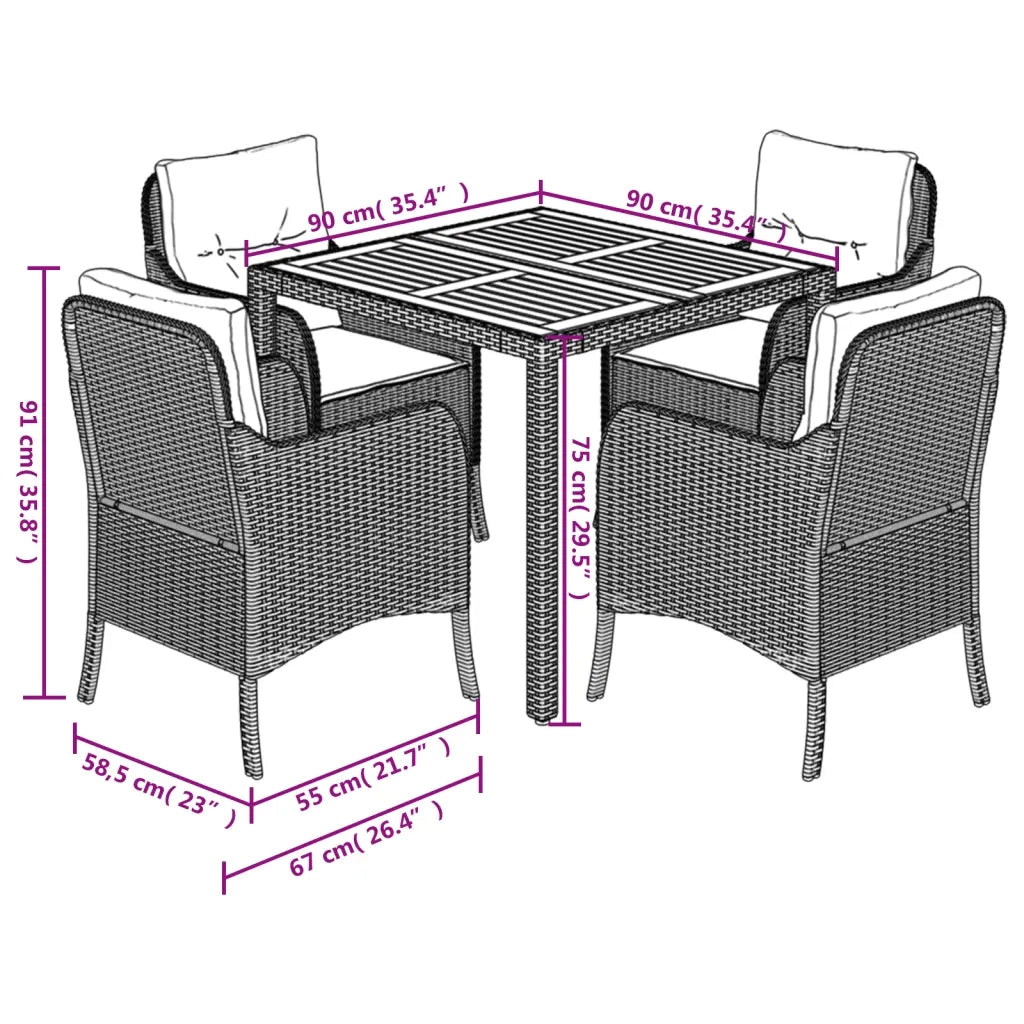Set da Pranzo da Giardino 5 pz Nero con Cuscini in Polyrattan