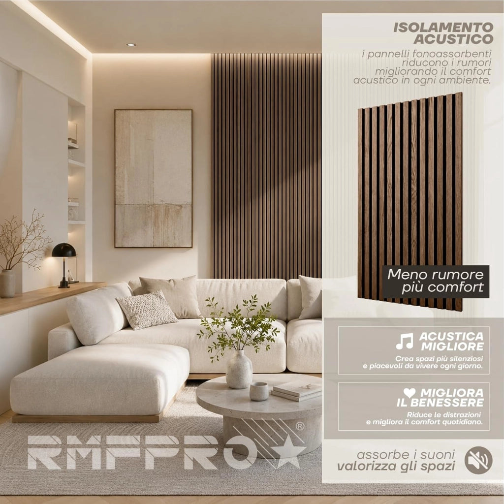 RMF PRO  Pannello Decorativo Parete Legno Fonoassorbente Fumo Chiaro 120x60 cm (0,72 m²) – Singolo Rivestimento Acustico a Listelli MDF Moderno per Casa e Ufficio