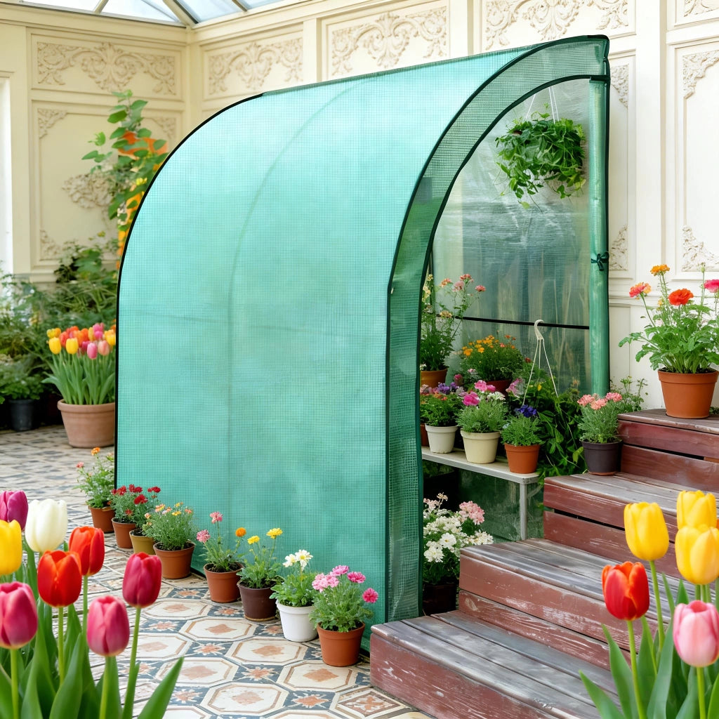 Serra a tunnel addossata con 2 porte, copertura in polietilene resistente ai raggi UV, verde 200 × 100 × 210 cm