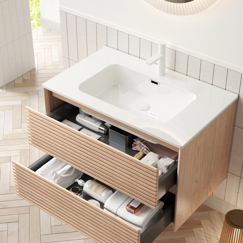Mobile sottolavabo con 2 cassetti, lavabo in ceramica, per bagno, 81×46.5×51.5 cm