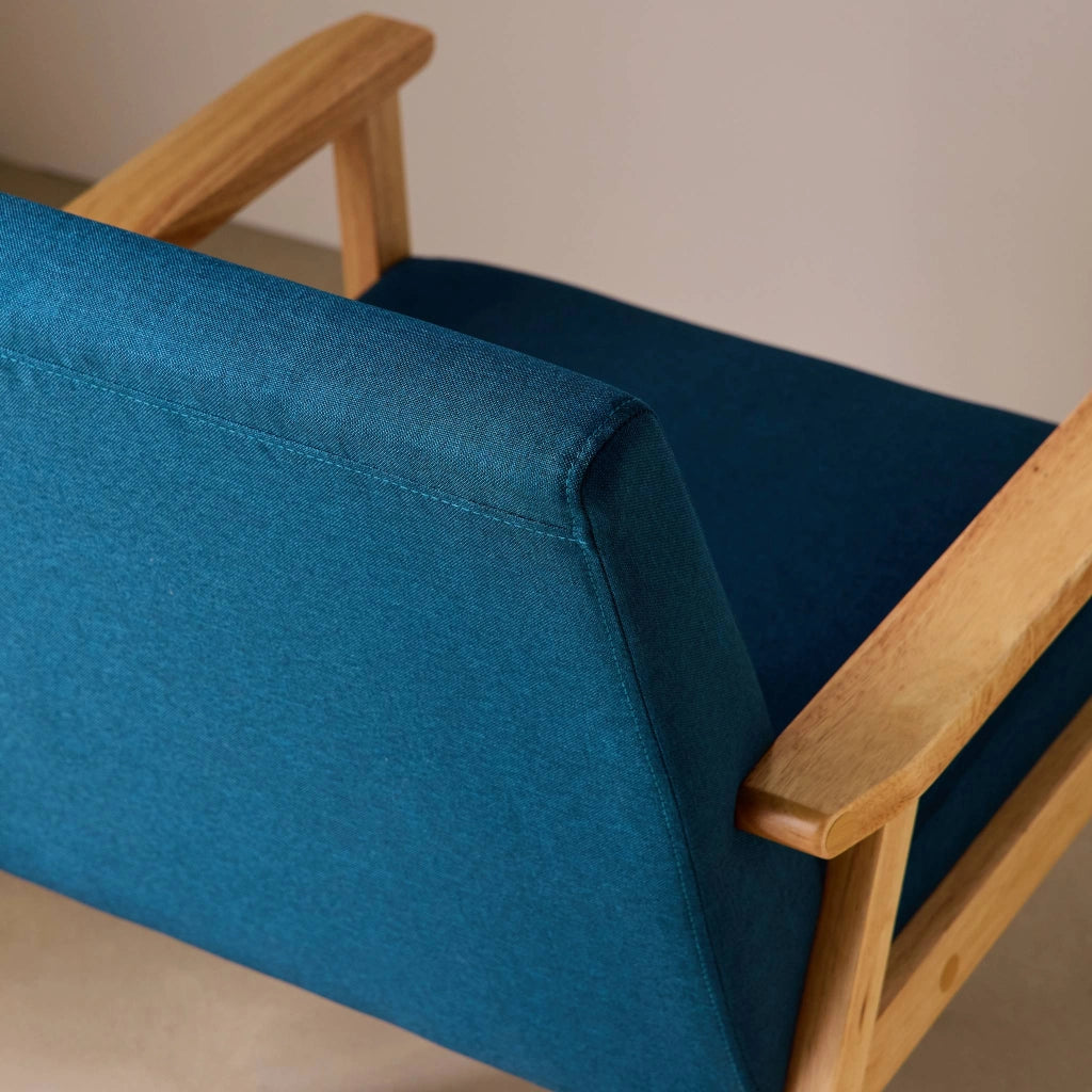 Poltrona scandinava in legno e tessuto, blu smeraldo