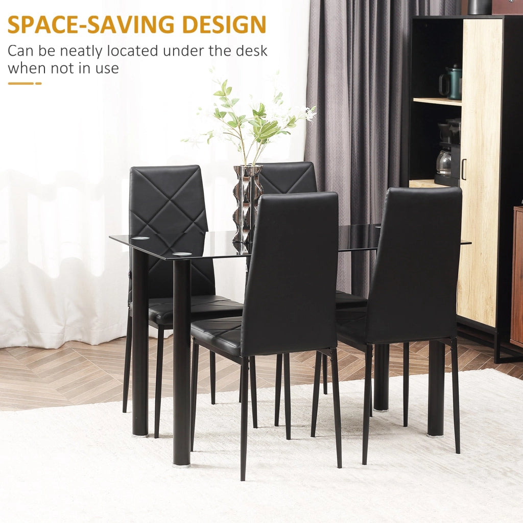 Set Tavolo da Pranzo con Piano in Vetro e 4 Sedie Imbottite in Finta Pelle Nero