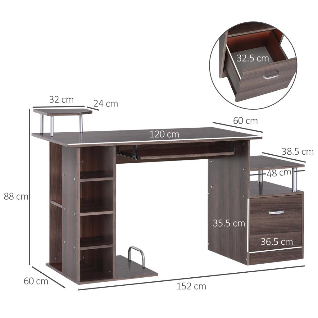 Scrivania per PC da Camera e Ufficio con Cassetto e Scaffale in Legno