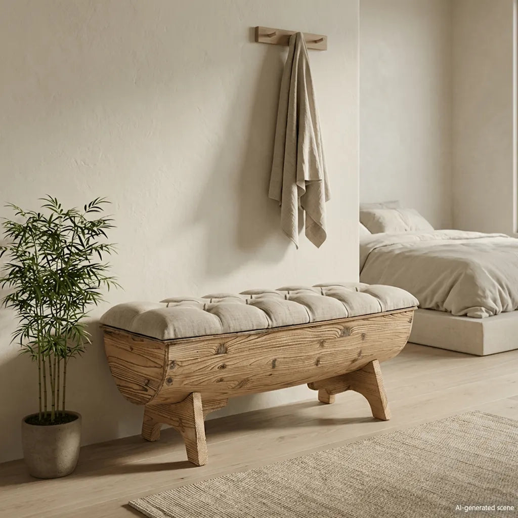 Cassapanca-Baule-Panca con Contenitore in Legno Massello e Tessuto 103x51x44 cm