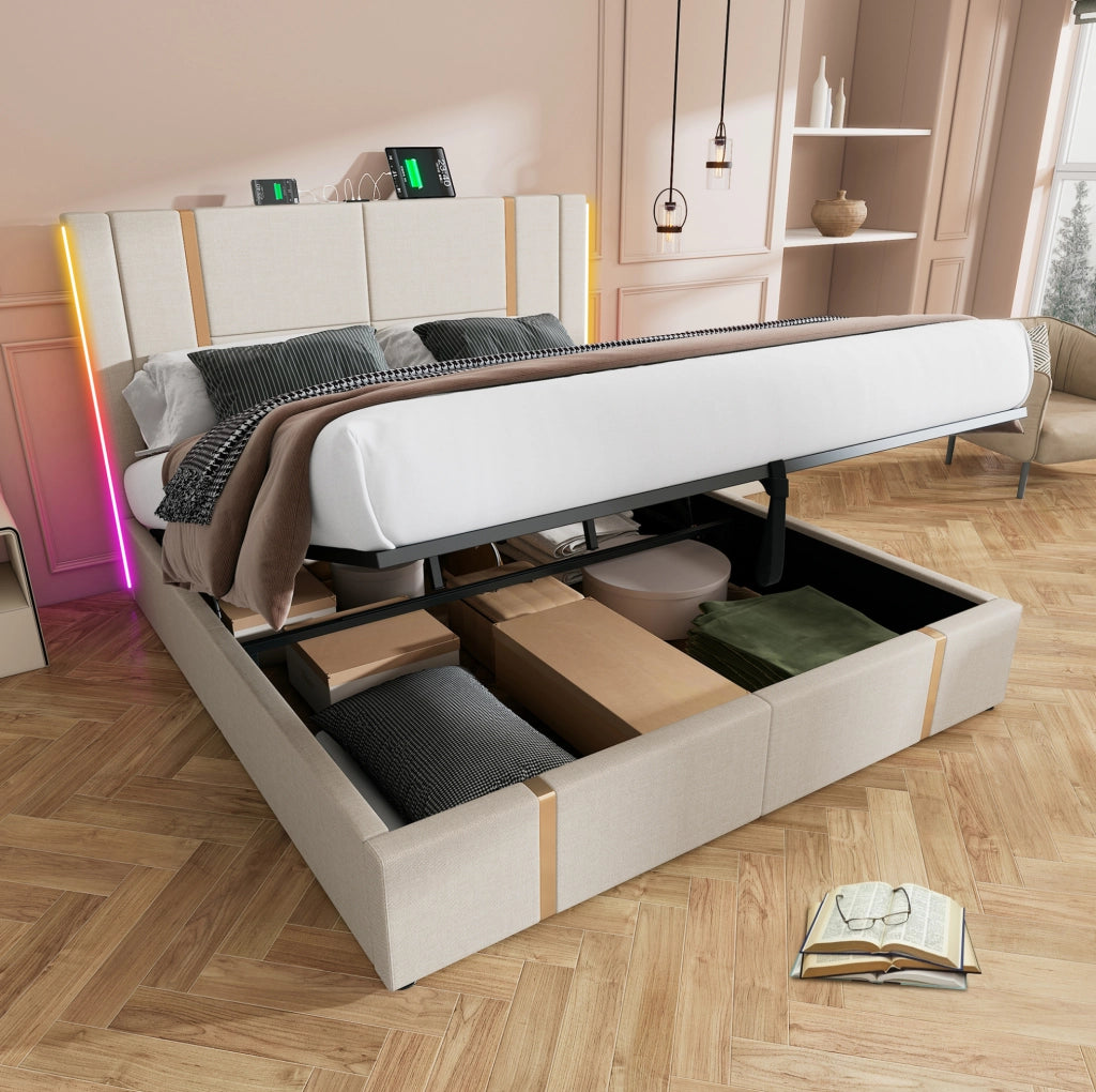 Letto imbottito 140x200 con USB, Type-C, LED RGB e contenitore