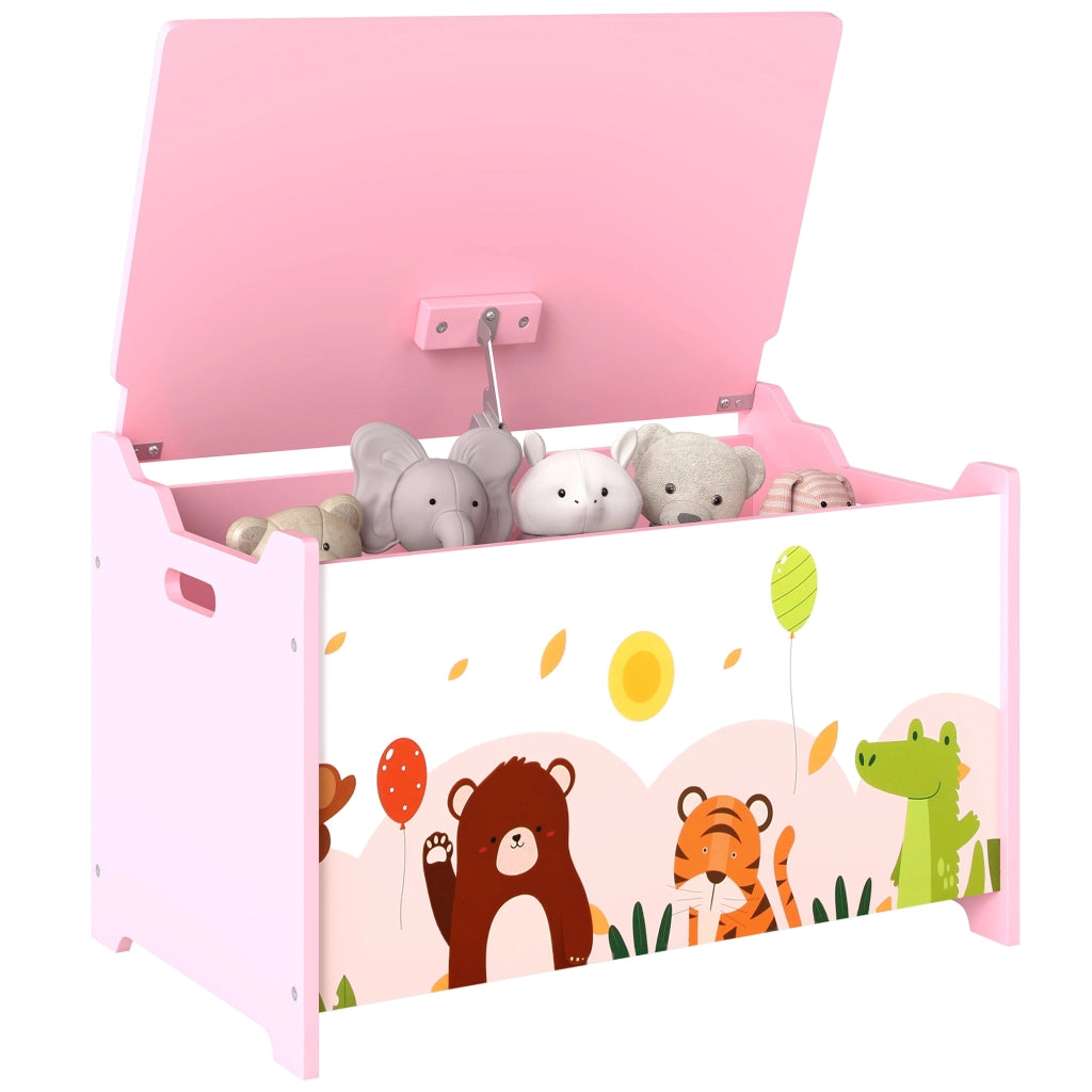 Baule Portagiochi per Bambini con Cerniere di Sicurezza in Legno con Disegni di Animali, 60x37x39 cm, Rosa