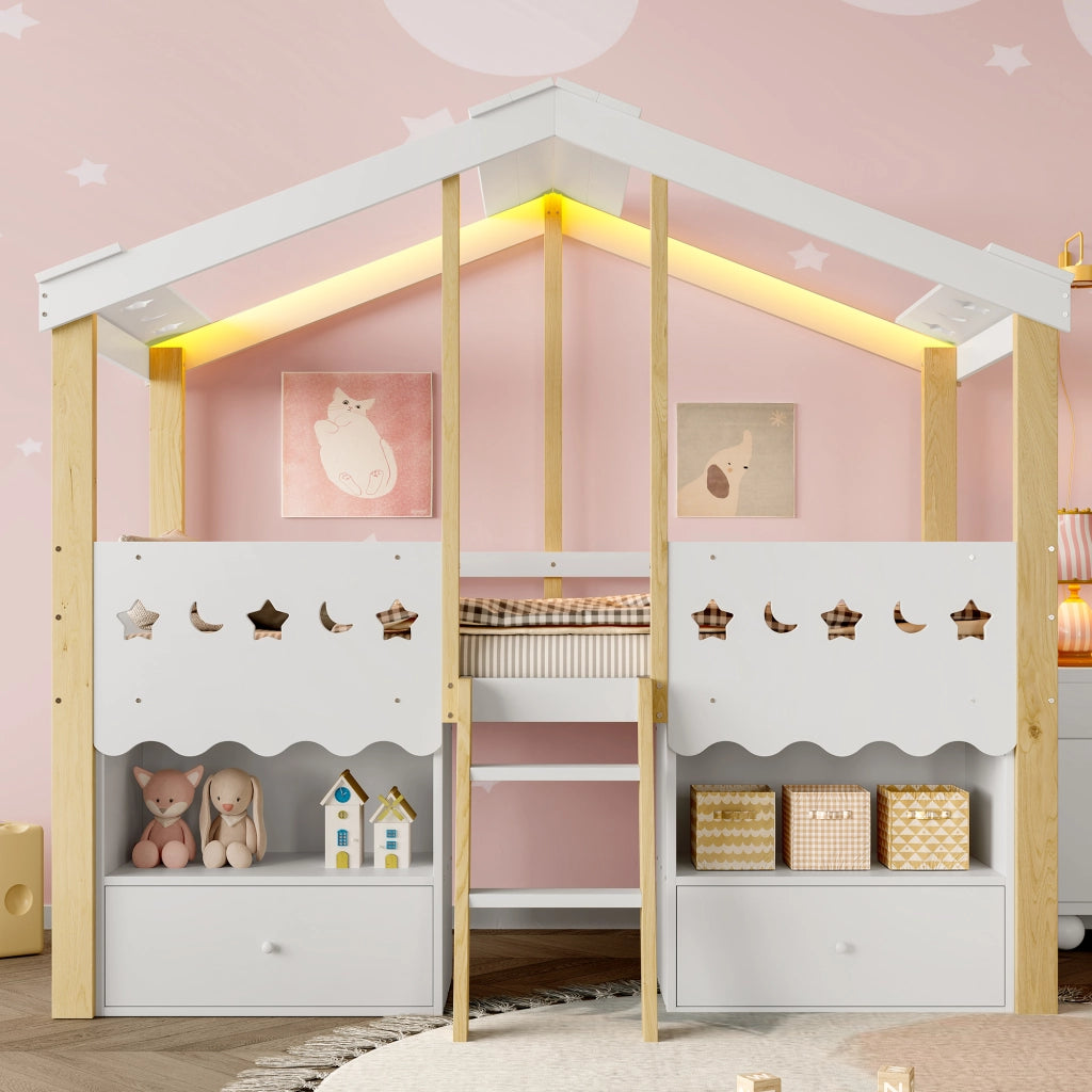 OKWISH Letto a Soppalco 90×200 cm, Letto Singolo con 2 Cassetti, LED Regolabile e Mensole, senza Materasso, in Pino, Bianco e Naturale