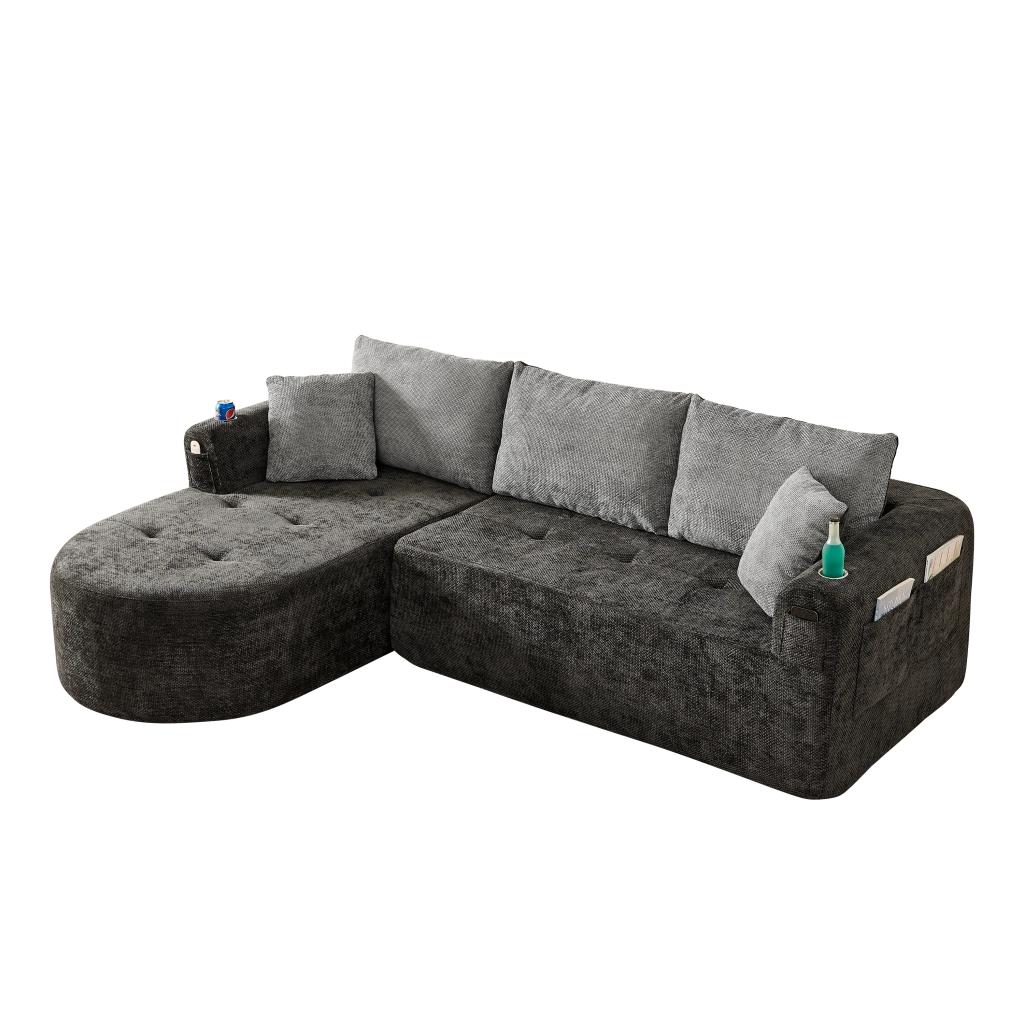 Divano Angolare L Form con Braccioli e Portabicchieri ¨C MINIMAL ¨C Tessuto Lino Beige