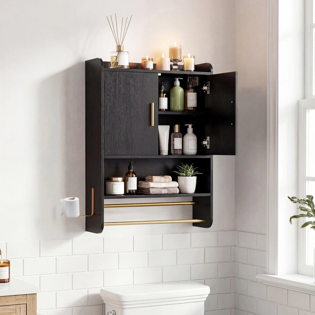 Armadietto a parete pensile con ripiano regolabile e gancio laterale, Mobiletto da bagno con 2 ante scomparto aperto Nero