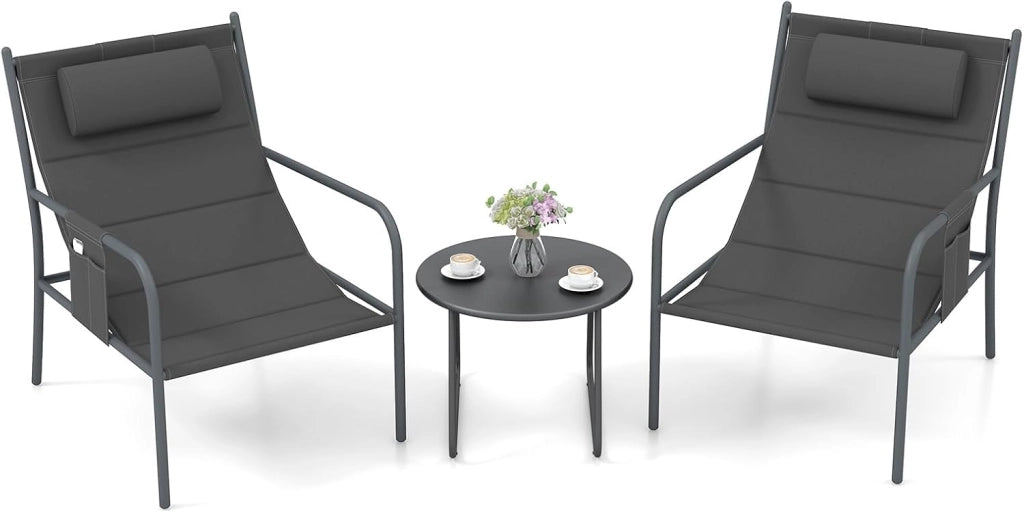 Set da Bistro per Giardino a 3 Pezzi, Sedie e Tavolino da CaffÃ¨ in Metallo per Patio, Sedie con Poggiatesta, Set in Metallo per Cortile, Sedia Portata 150 kg, Tavolino Portata 50 kg