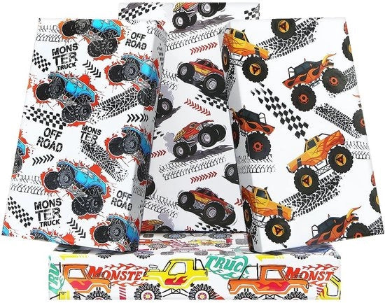 Pacco di Regalo Monster Trucks - 4 Fogli 50x70cm - Carta da Regalo Festa di Compleanno - Carta da Pacco per Ragazzi - Carta da Pacco per Bambini - Disegno Creativo