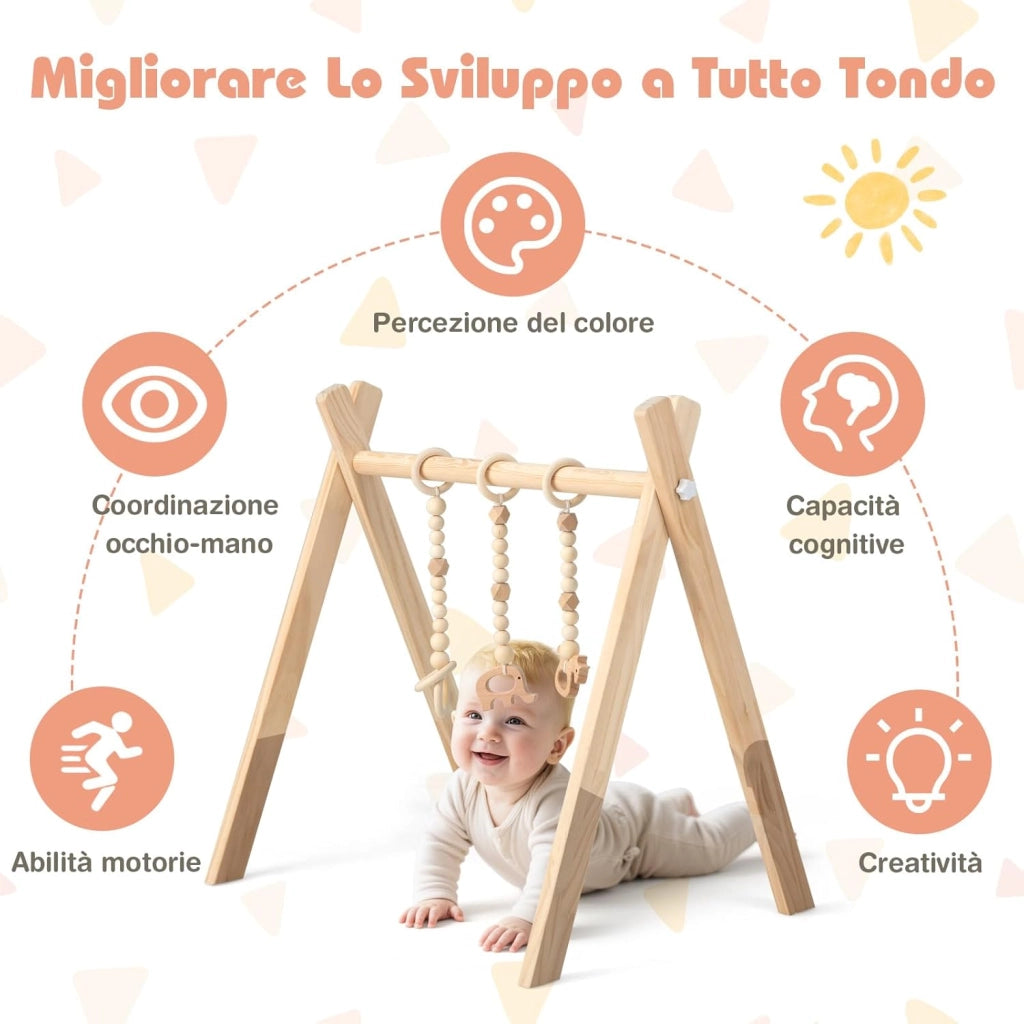 Palestrina per Bambini, Palestrina con Giocattoli per Dentizione Sviluppo Cerebrale Stimolazione Sensoriale, Pieghevole, in Legno, per Bambini 3+ Mesi (Naturale(1))