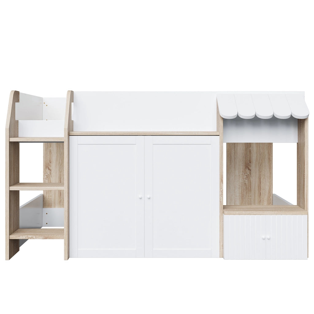 OKWISH Letto a soppalco 90×200 cm, Letto Singolo con Scala Ampia, Contenitore e Vani, senza Materasso, in Legno, Bianco Naturale