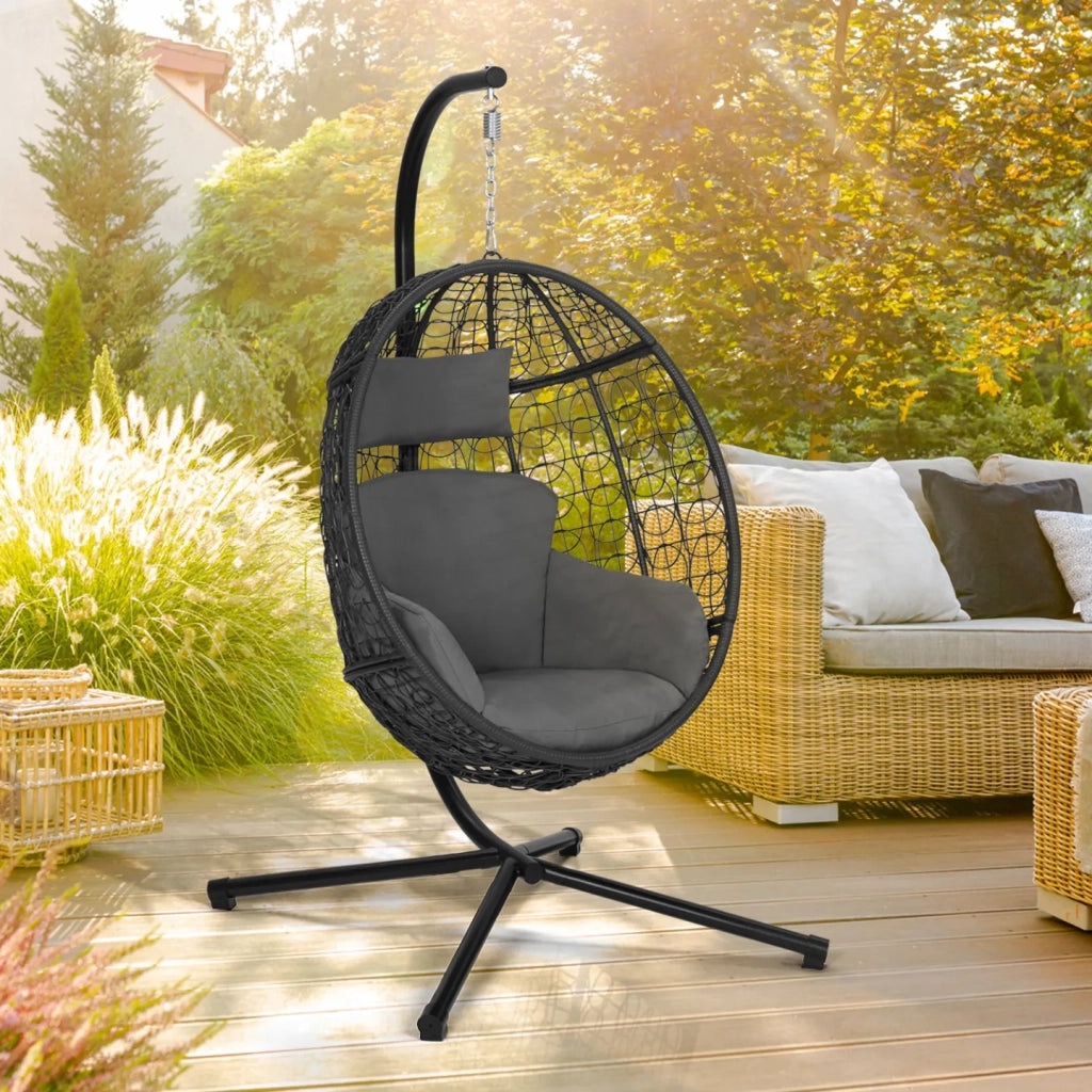 IDMarket - Poltrona dondolo sospesa grigio con piedistallo con cuscino grigio