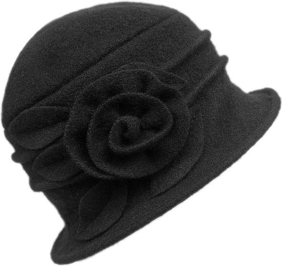 Cappelli in lana per donne - cappelli in lana retro - cappelli in lana per donne con decorazioni floreali - cappelli eleganti di alta qualità - nero