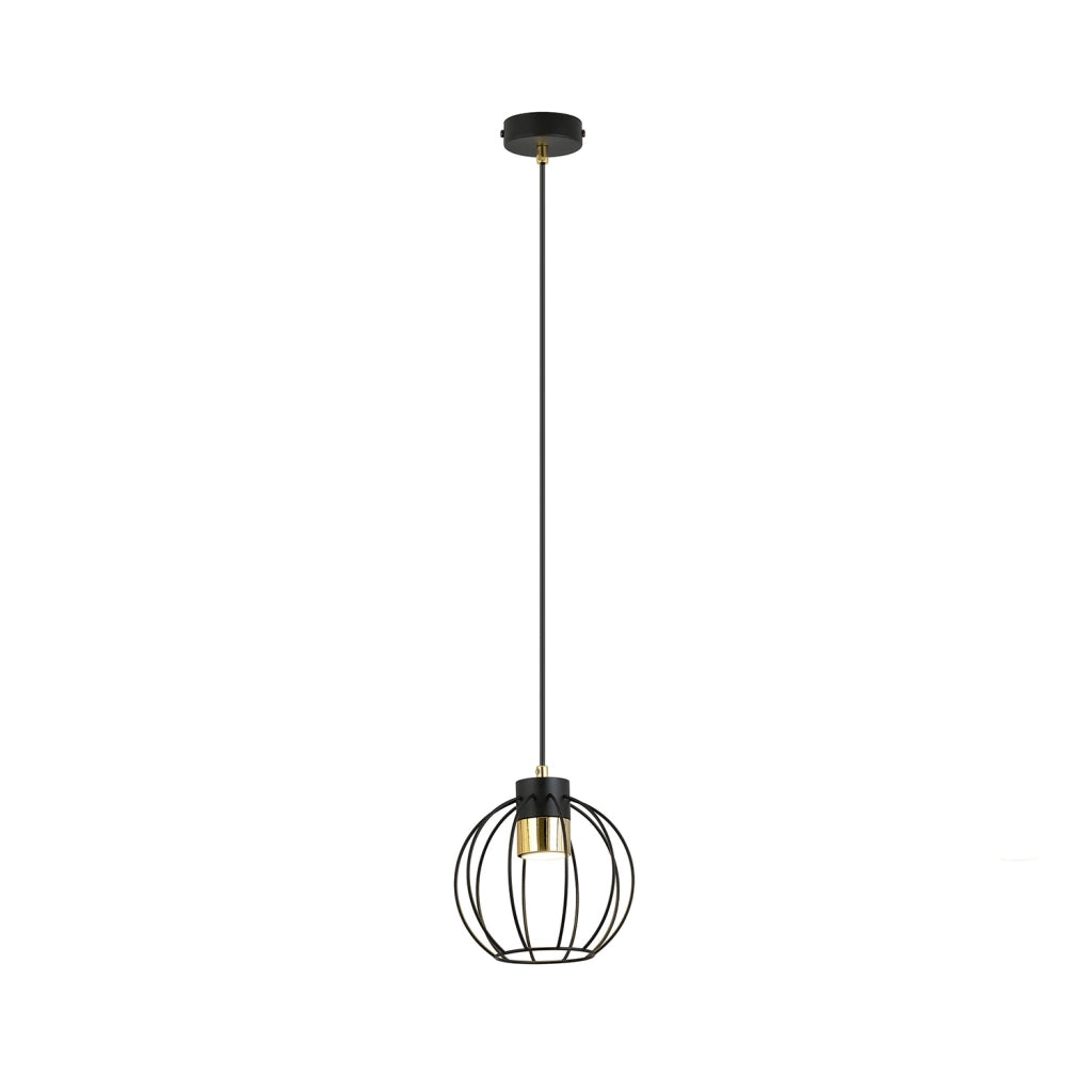 Sospensione Minimal Orfeo 1 Luce In Acciaio Nero A Gabbia Con Oro