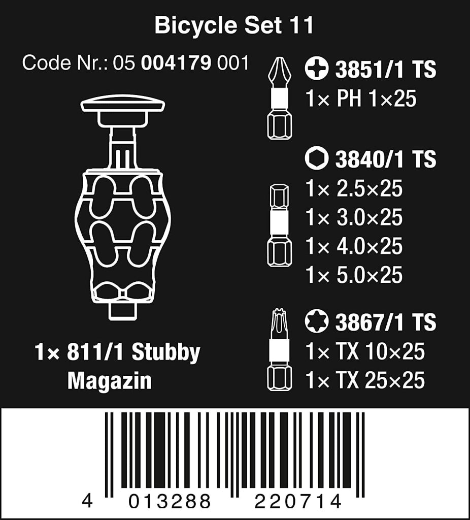 Wera 05004179001 Bicycle Set 11 Cacciavite a Stelo con 7 Punte Croce Piatto Esadecimale Torx Portapunte Magnetico Impugnatura Ergonomica colore Nero Verde
