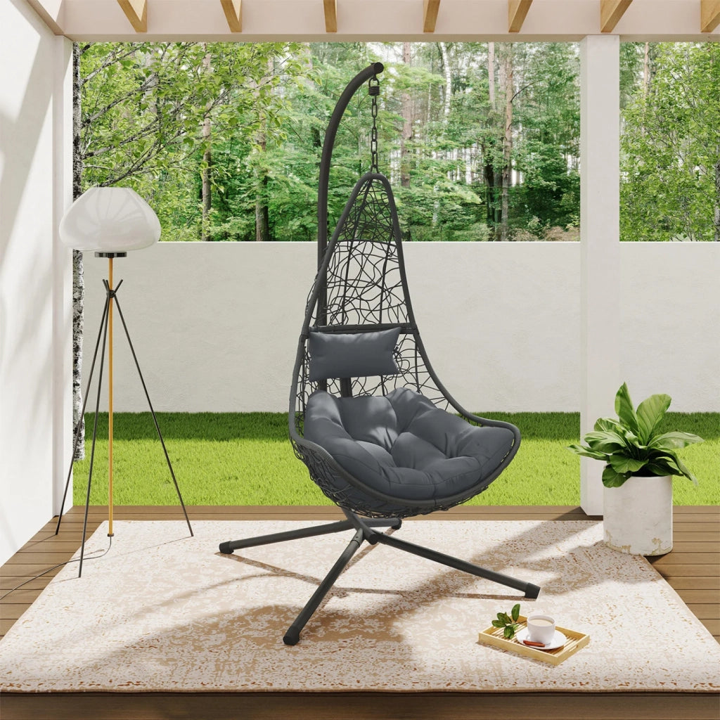IDMarket - Poltrona sospesa a mezzaluna in rattan traforato grigio con cuscino grigio