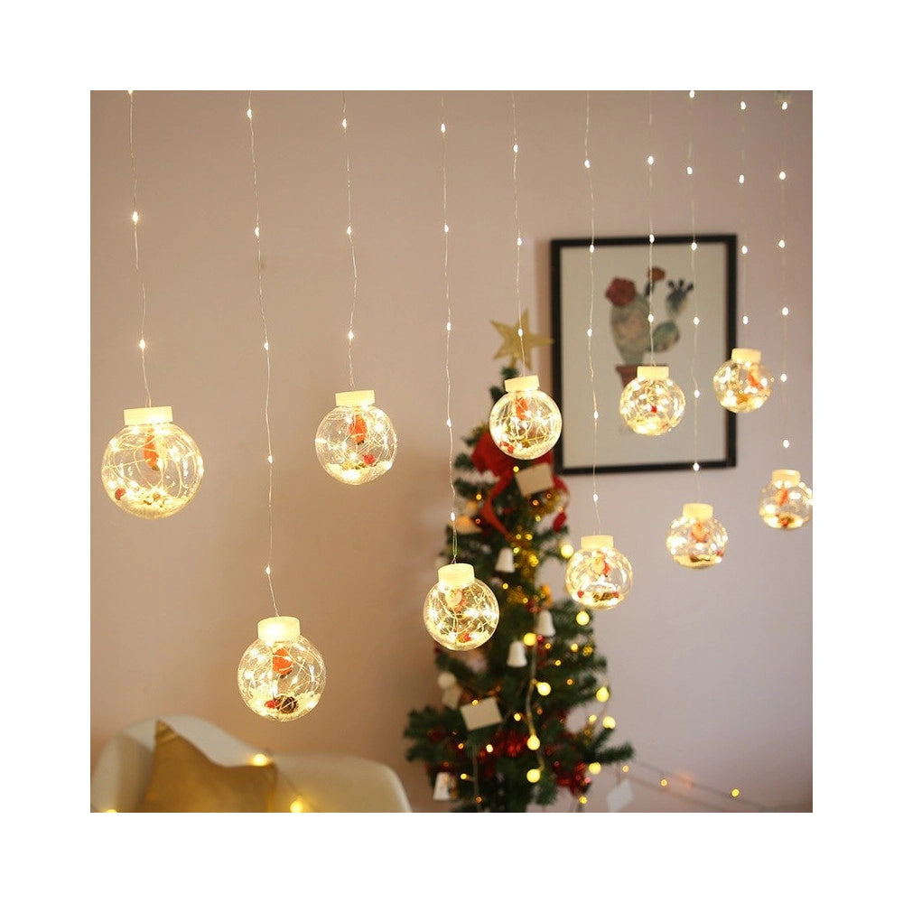 Trade Shop - Tenda Luminosa 10 Palline Di Natale 3 Metri Con Neve Luce Led Calda Fredda Rgb - -bianco Caldo      -