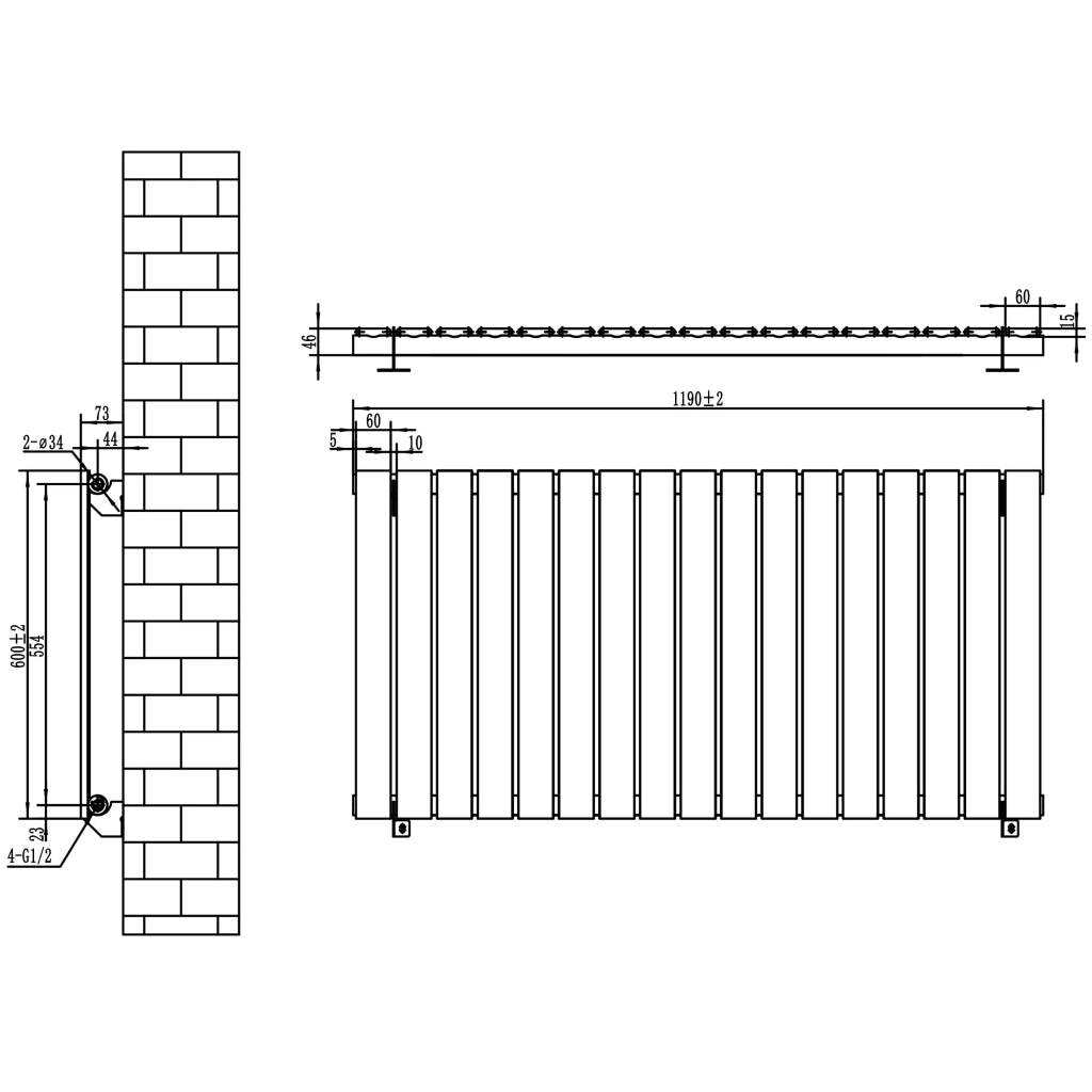 Radiatore Orizzontale 600 x 1190 mm con Valvole TRV Bianco