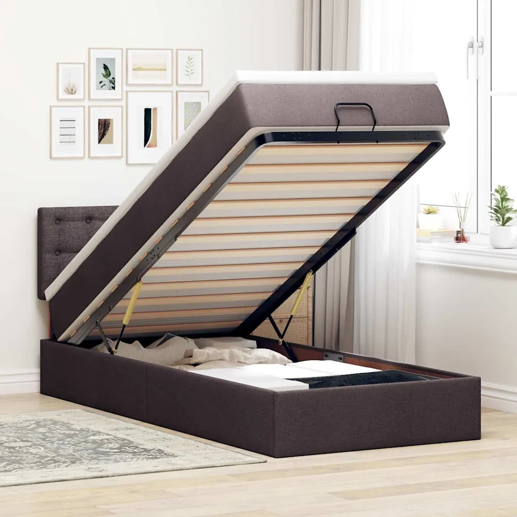 Pouf Letto con Materasso e LED Marrone Scuro 90x200 cm Tessuto